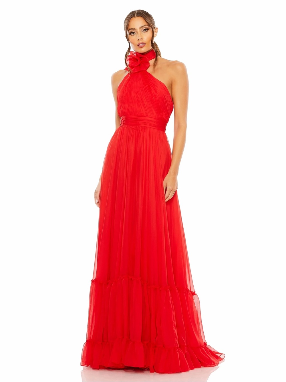 Mac Duggal Red Halter-Neck Maxi Gown with Rosette